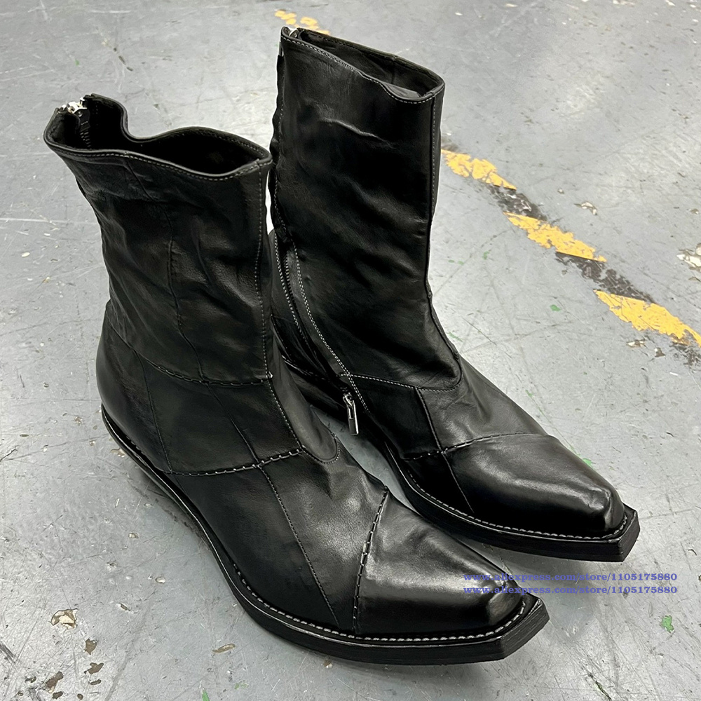 Men'S Shoes Zipper - Siyah Deri Erkek Botları Sivri Burun
